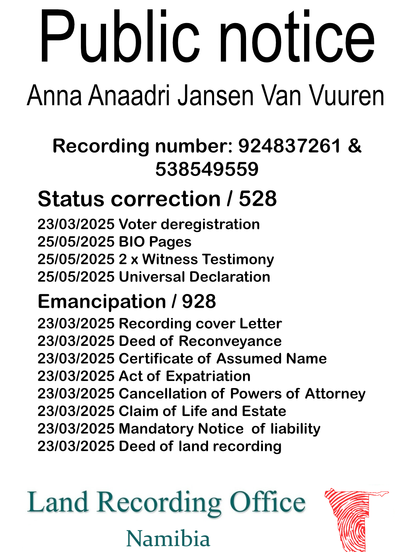 Public Notice Anna Anaadri Jansen Van Vuuren (c) Recording number 924837261 & 538549559